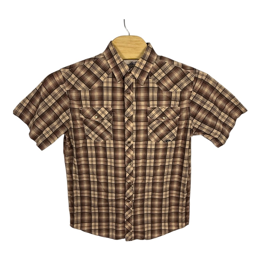 Coastal Brand Mens Plaid Snap Button Short‎ Sleeve Western Shirt Large Brown Tan
